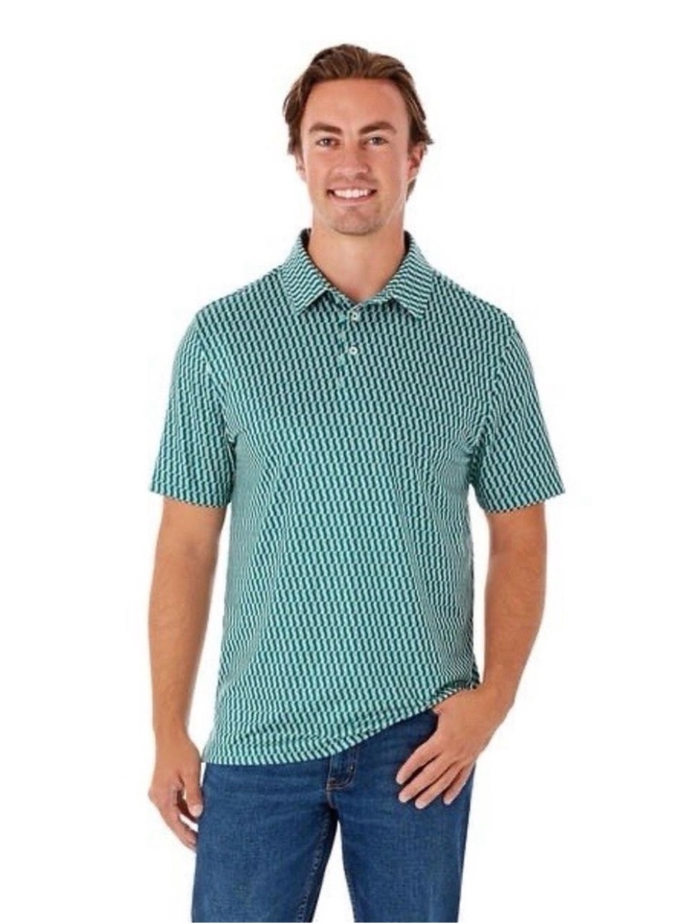 Men's Patterned Teal Short-Sleeve Polo